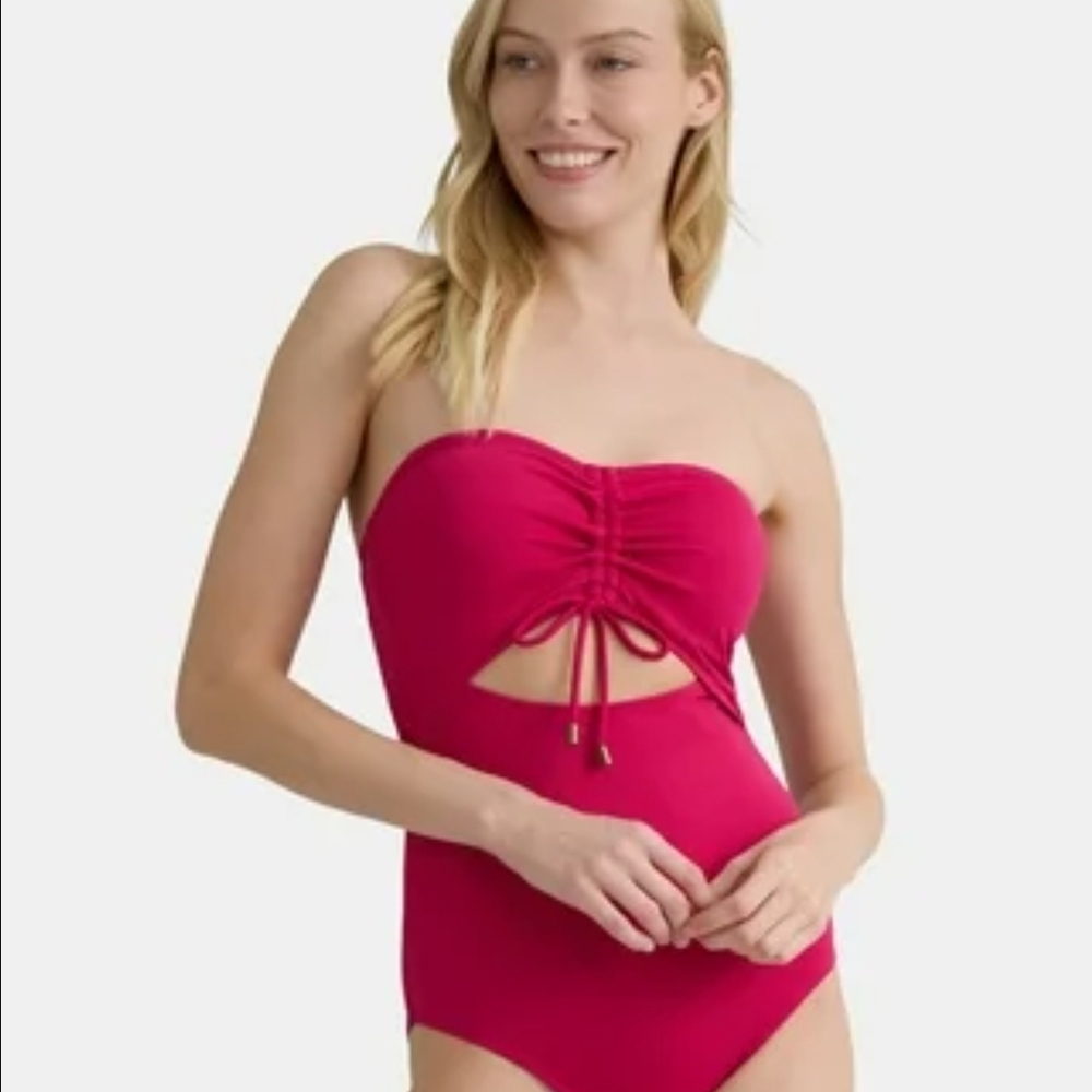 Time and Tru Strapless Ruched One-Piece Swimsuit - Fuchsia